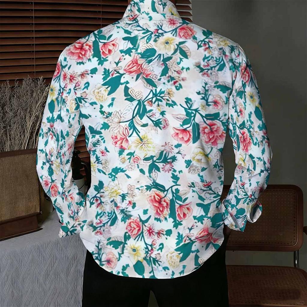 Men Collared Shirt White Base Pink Yellow Rose Leaf Floral Print Long Sleeve Button Down Top