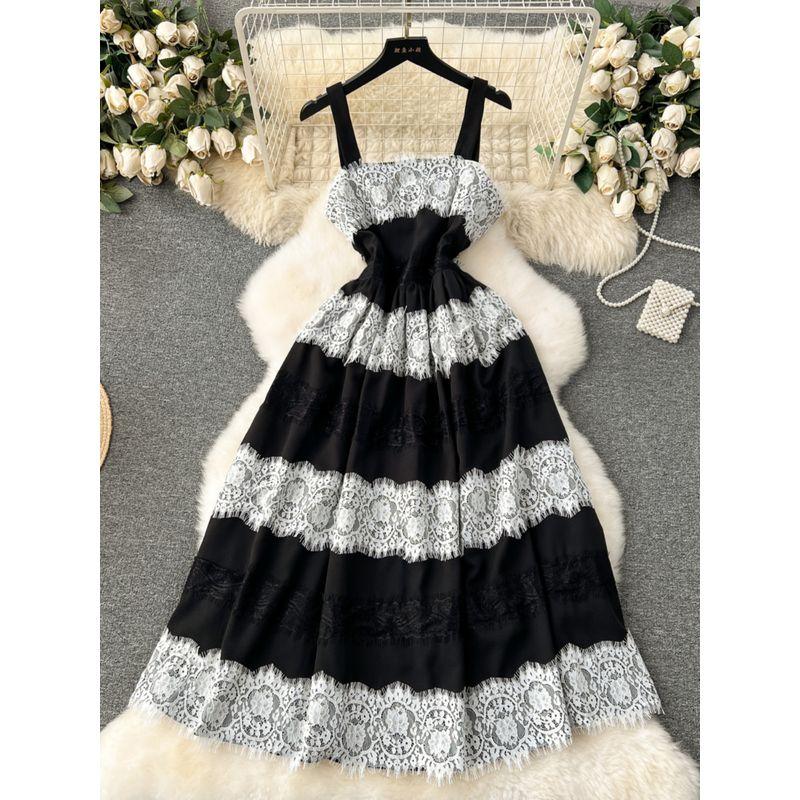 Stylish Lace Lace Color Contrast Patchwork Sexy Tube Top Strappy Dress Female French Small Dress Vacation Dress