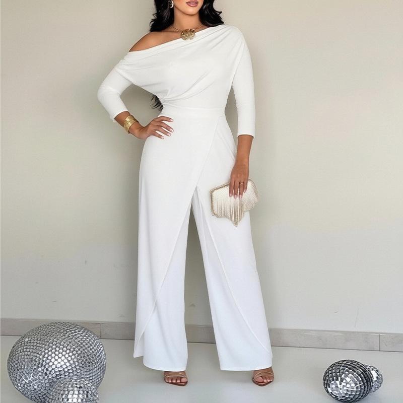 Elegante Jumpsuits für Damen Frühling Einfach Elegant Büro Dame Locker Gerafft Cold Shoulder Gespaltenes Bein Weiter Bein Jumpsuit