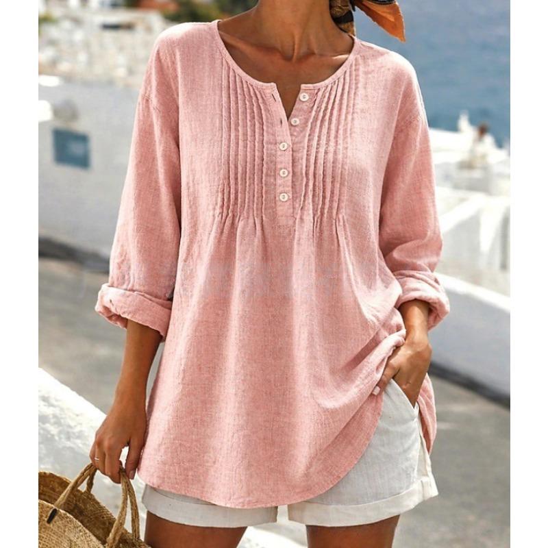 Loose Cotton Linen Long Sleeve Pleated Round Neck Plus Size Women S Shirt