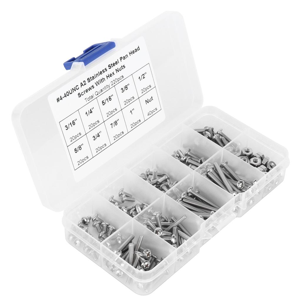 304 Stainless Steel Screws Cross Pan Head Screws with Hex Nuts Washers Screw Kit250pcs #632UNC