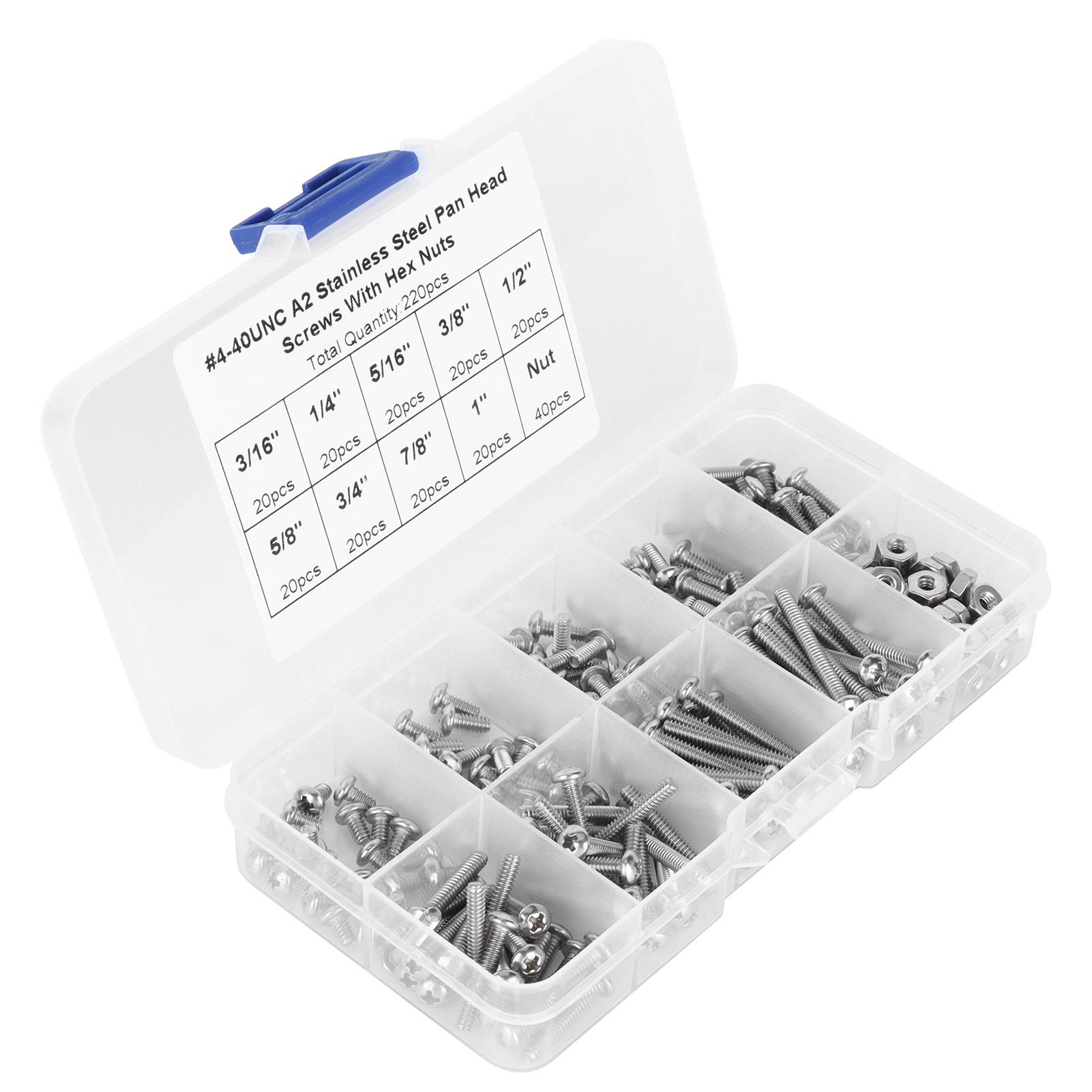 

304 Stainless Steel Screws Cross Pan Head Screws with Hex Nuts Washers Screw Kit220pcs #4 40UNC