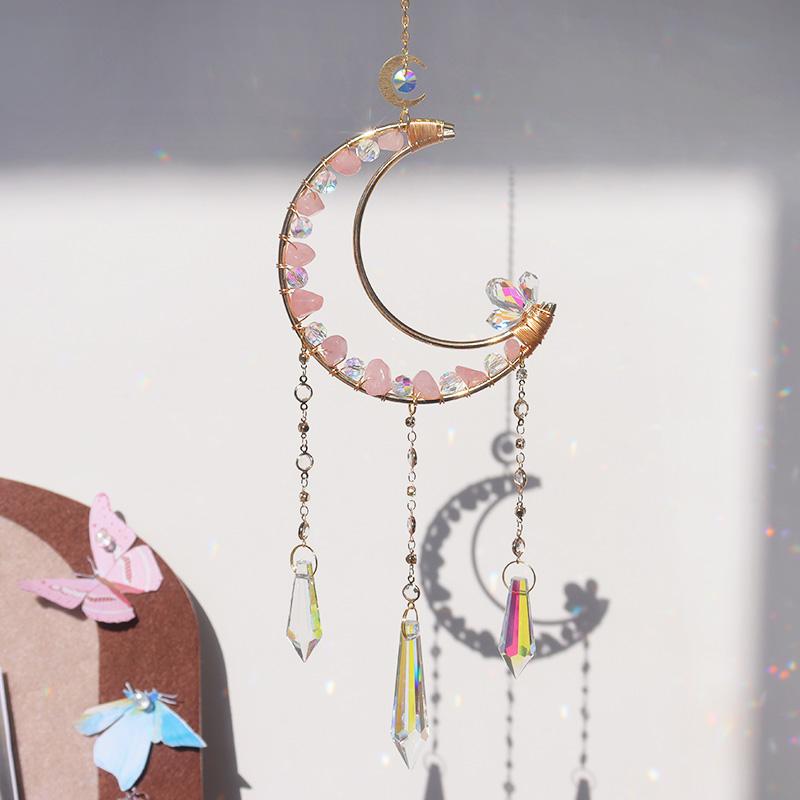 Wholesale High Quality Natural Crystal Sun Catcher Moon Sun Catchers Rose Quartz Moon Suncatcher Wind Chimes 40~45cm