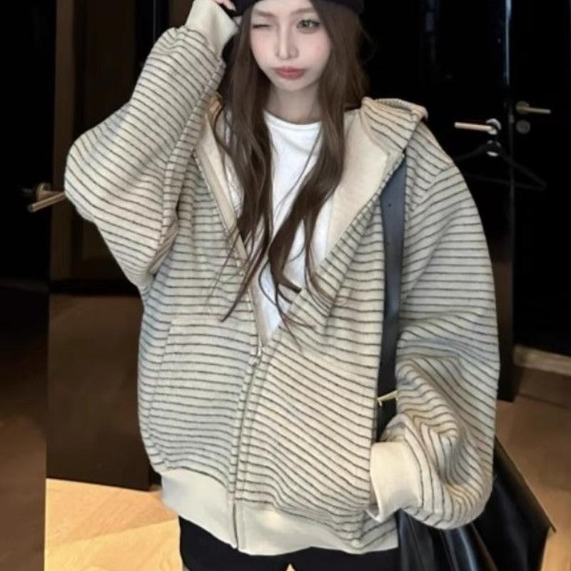 Paski Damskie Topy Zamek Jesień Zima Y2k Bluzy Koreańskie Luźne Z Kapturem Retro Kurtka