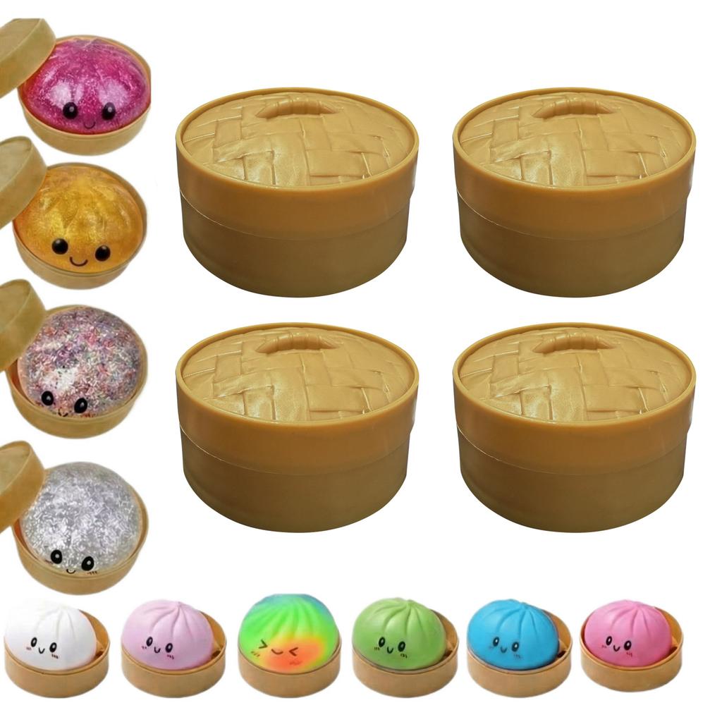 Set of 4 Squishy Steamed Bun Stress Relief Toys with Steam Basket Design Soft Squeeze Sensory Toys for Kids and Adults
