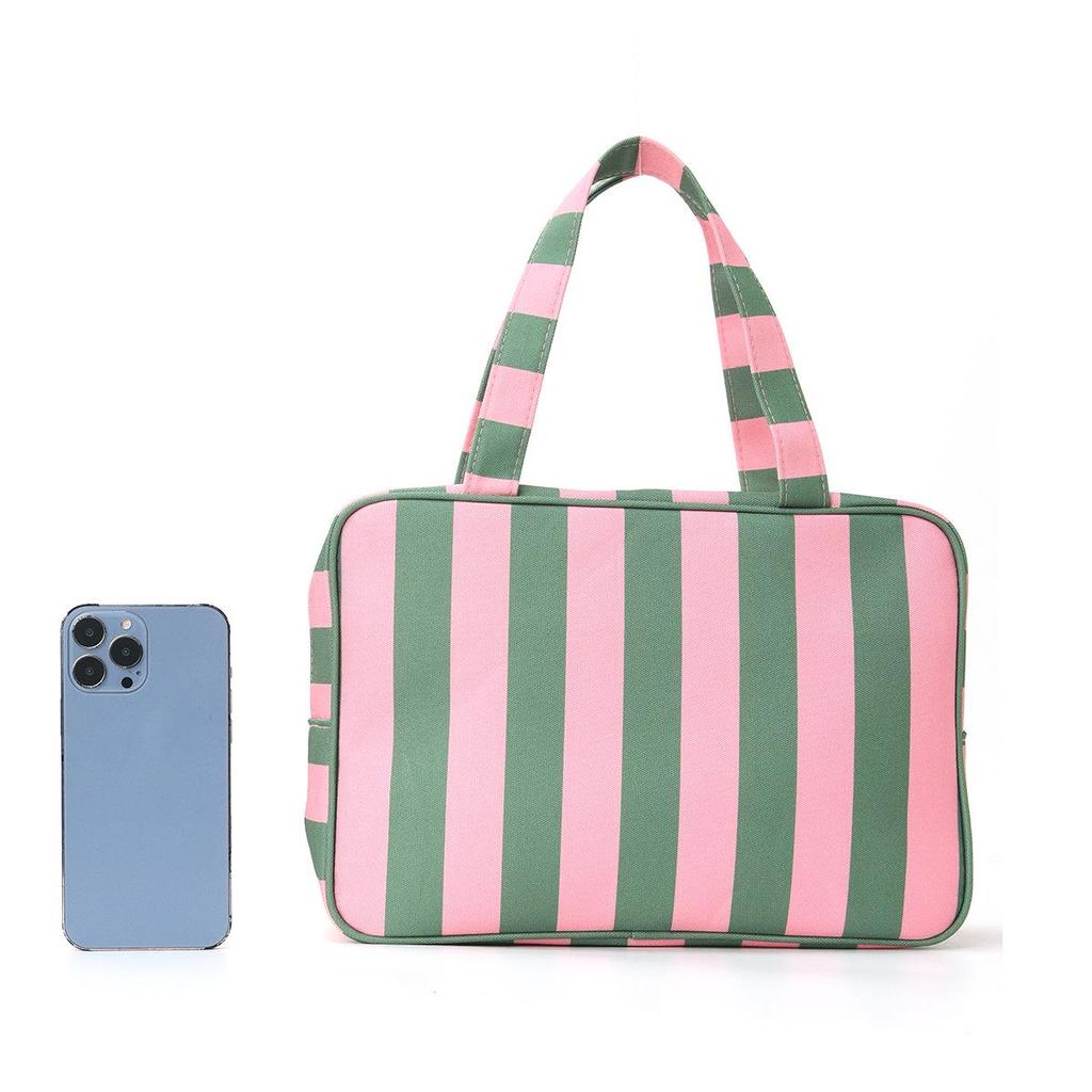 Pink and White Striped Canvas Makeup Bag - Large Capacity Travel Toiletry Handbag for Women