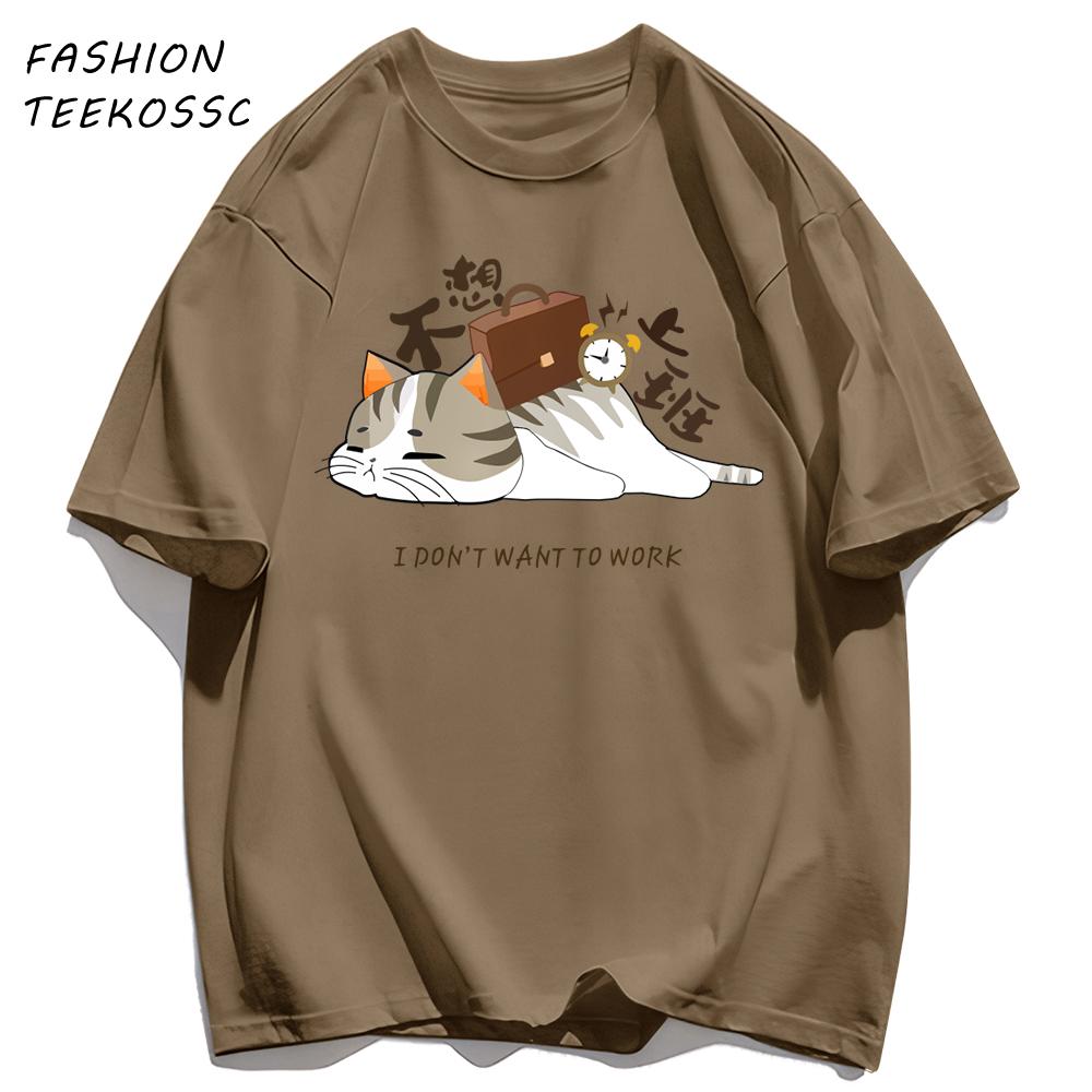 A Tired Working Cat Pattern Men TShirt Casual Oversize T Shirts Hip Hop Cotton Streetwear Summer AllMatch Soft Short Sleeve
