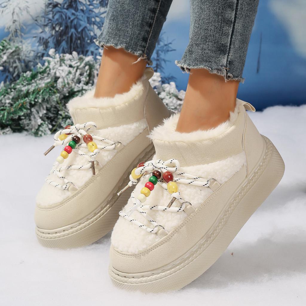 Mode Lässige Kurze Plüsch Damen Schneestiefel 2025 Winter Böhmische Farbige Perlen Schnürstiefeletten aus Kunstfell Dicke Sohle Pelzige Schuhe