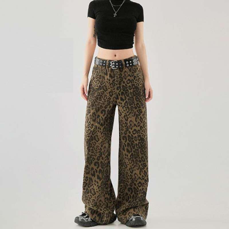 

Women s Leopard Print Wide-Leg Jeans: American Style, Spring/Autumn, Loose Fit, Slimming, Floor-Length L цветной печати леопарда