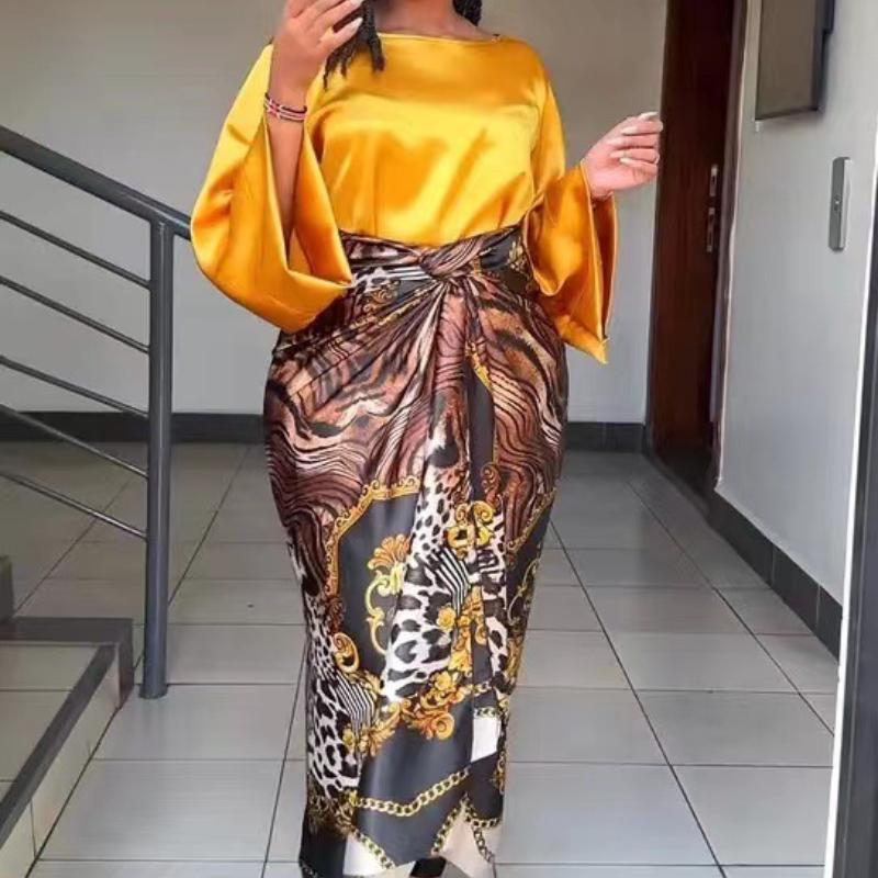 2023 New Women's Fashion High Waist Digital Printing Dress Set Half-sleeved Ins Retro Loose Casual Midi Dresses Chic and Elegant