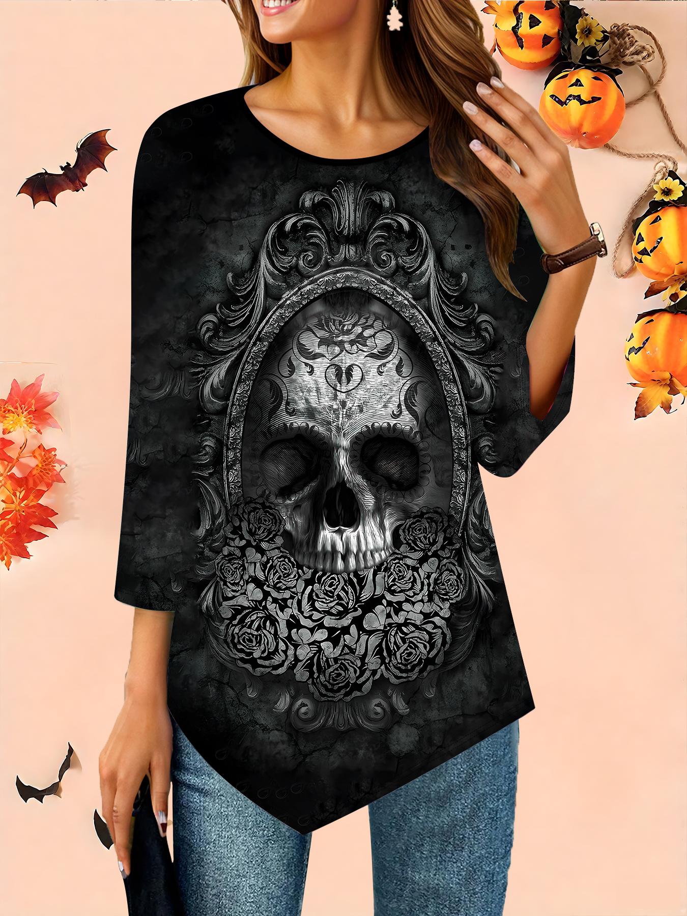 

Женская свободная футболка с круглым вырезом и рукавом три четверти, 3D-рисунок на Хэллоуин, идеальный подарок на Хэллоуин и Рождество XS чёрный