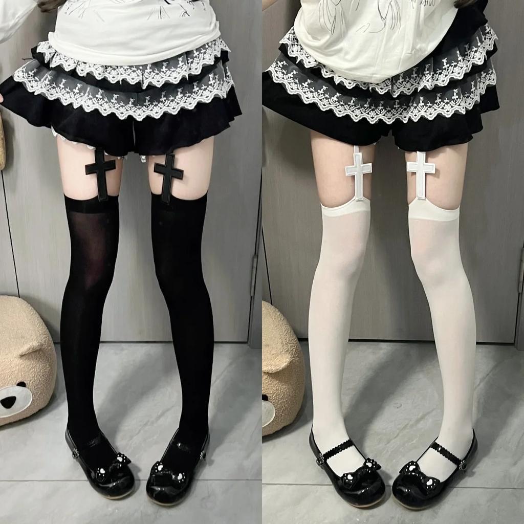 Stockings Women Gothic Suspender Lolita Thigh High Socks with Garters Punk Style Velvet Y2k Knee High Socks Thigh High Stockings