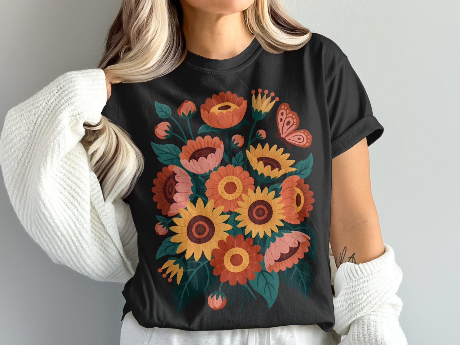 Floral Butterfly T-Shirt, Flower Bouquet Tee, Sunflower Shirt, Garden Shirt, Nature Lover T Shirt, Gift for Her, Botanical T Shirt 3XL