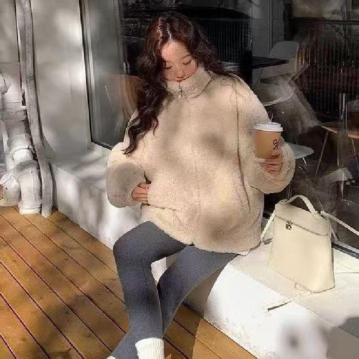 Women's Oversized Stand Collar Zip Up Fleece Jacket Double Sided Sherpa Thick Warm Teddy Coat Loose Loungewear Winter Outerwear