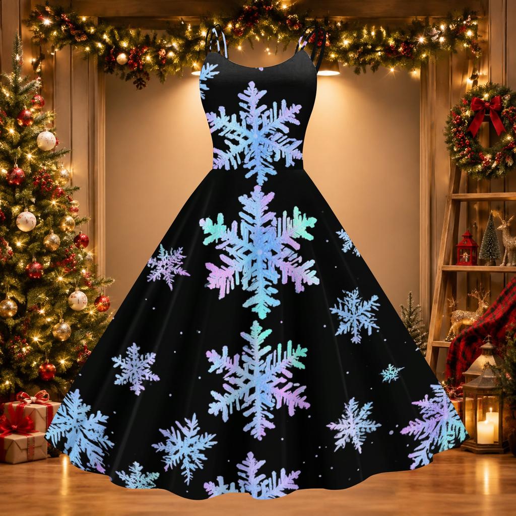 Women's Casual Christmas Print Neck Vintage Dress for Holiday Celebrations