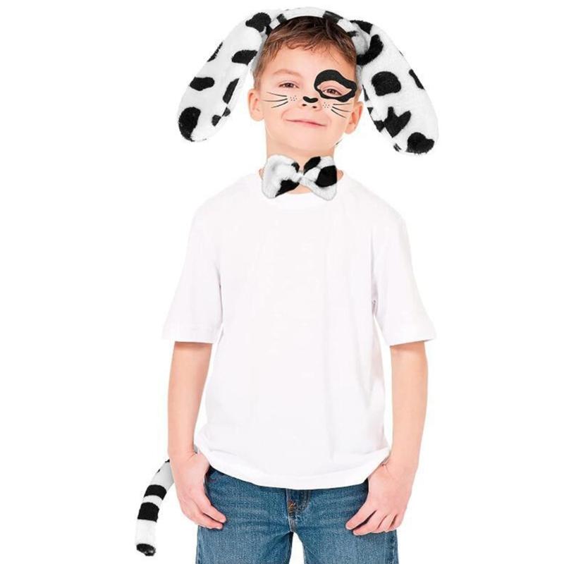 3pcs Cartoon Plush Spotted Dog Ear Shape Headband & Tail & Bowtie Costume Set for Easter Party Carnival Funny Dress