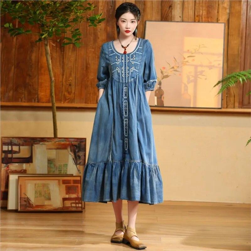 Johnature Woman Spring Cotton Vintage Lotus Leaf Pendulum Dress O-Neck Loose Half Sleeve Embroidery Niche Casual Dress
