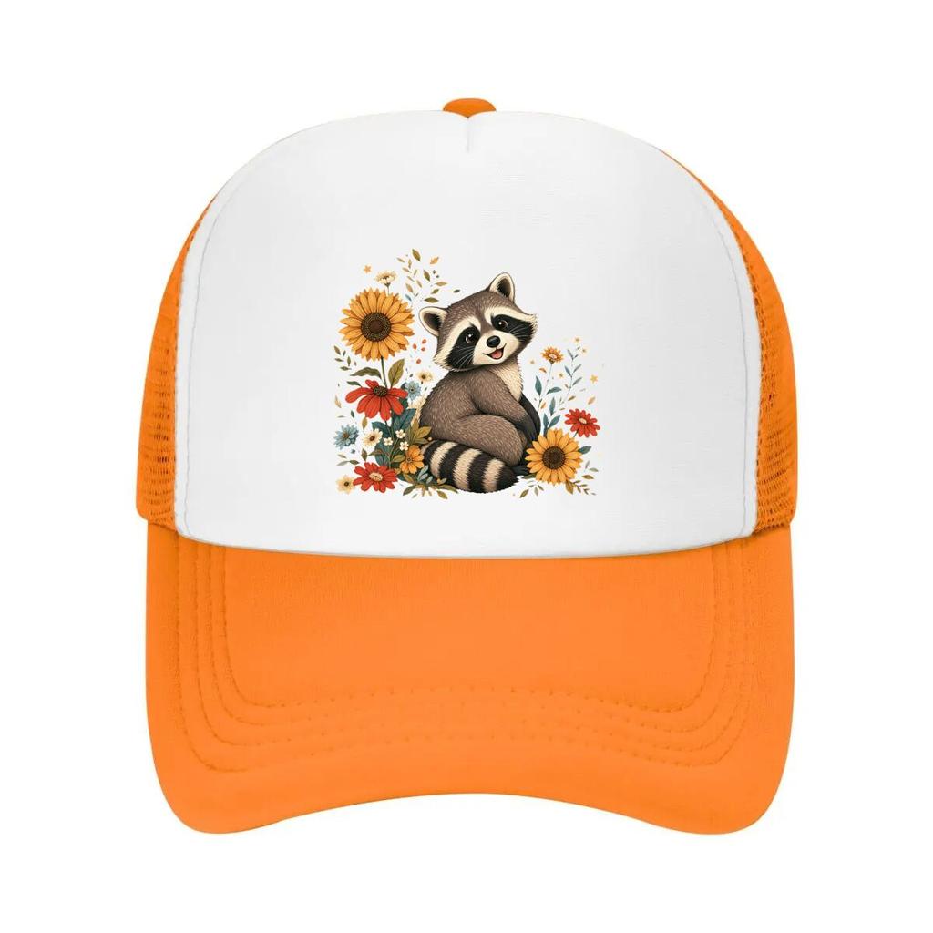 Whimsical Forest Raccoon Floral Port Mesh Baseball Cap Casual Hat Outdoor For Womens Unisex FeUnisex