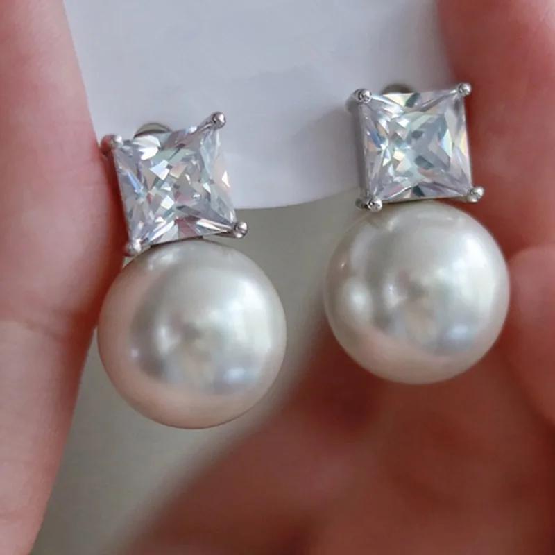 Simple Stylish Simulated Pearl Earrings with Cubic Zirconia Fashionable Women Silver Color Luxury Trendy Jewelry