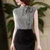 Summer Korean Bow Lacing Chiffon Shirt Elegant Stand Collar Houndstooth Office Lady Blouses Vintage Casual Sleeveless Top Women