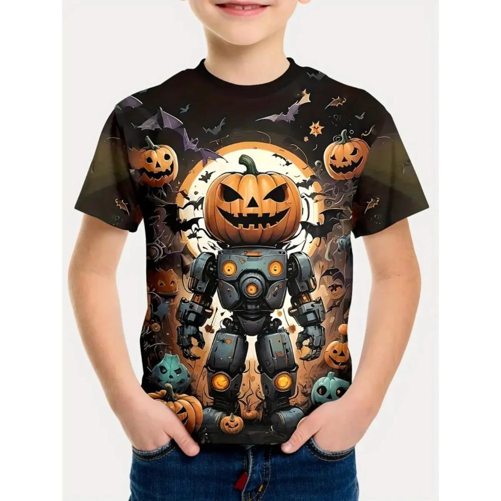 Rundhalsad 3D Robot & Pumpa Grafiskt Tryckta Kortärmade Barnpojks T-shirts - Mjuk Medium Stretch Polyestertyg Sommar Avslappnad Passform Kläder