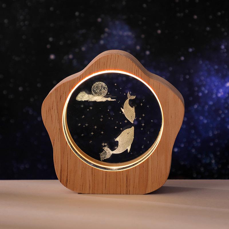 Crystal Desktop Luminous Ornaments Wooden Frame USB Night Light Gift