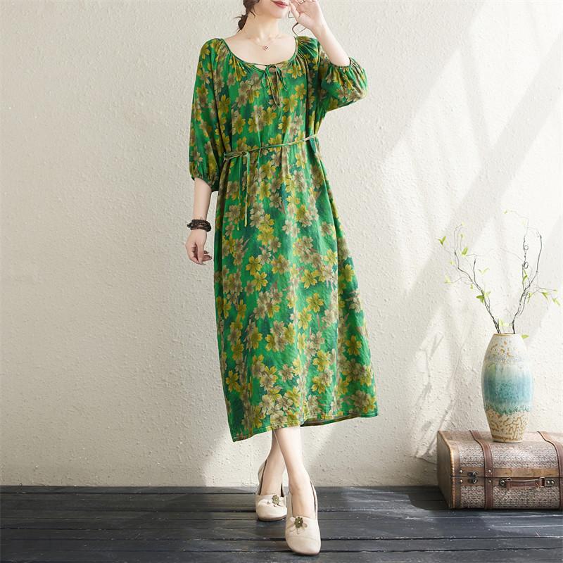 Krátký rukáv Plus size Bavlněné vintage květinové nové šaty pro ženy ležérní volné dlouhé letní šaty