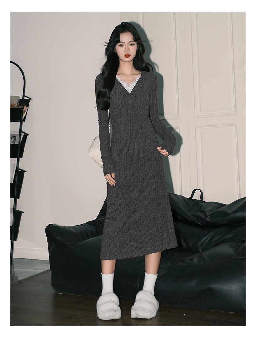 Women s Gray Lace Patchwork V-Neck Knit Dress with Inner Layer Skirt Large