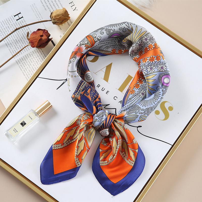 Luxury Spring New Imitated Silk Scarf Women Fashion 70cm Print Square Scarf Soft Satin Headband Shawl Wrap Hijab Foulard Ribbon