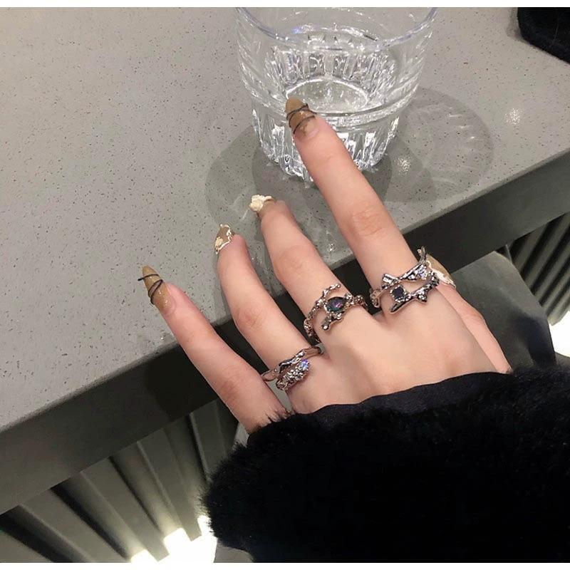 Women's Gradient Gem Three-Piece Ring Set - Elegant, Irregular Design