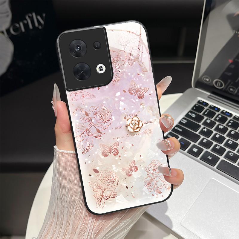 

Tempered Glass Hard Phone Case For OPPO Reno 8 Pro Plus 13 13F 13FS 4G 5G Luxury Butterfly Flower Soft Silicone Shockproof Cover Reno 13 5G