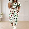 Women Plus Size Two Piece Set Round Neck Short Sleeve Ghost Printed White Crop Top Drawstring Cuffed Pants