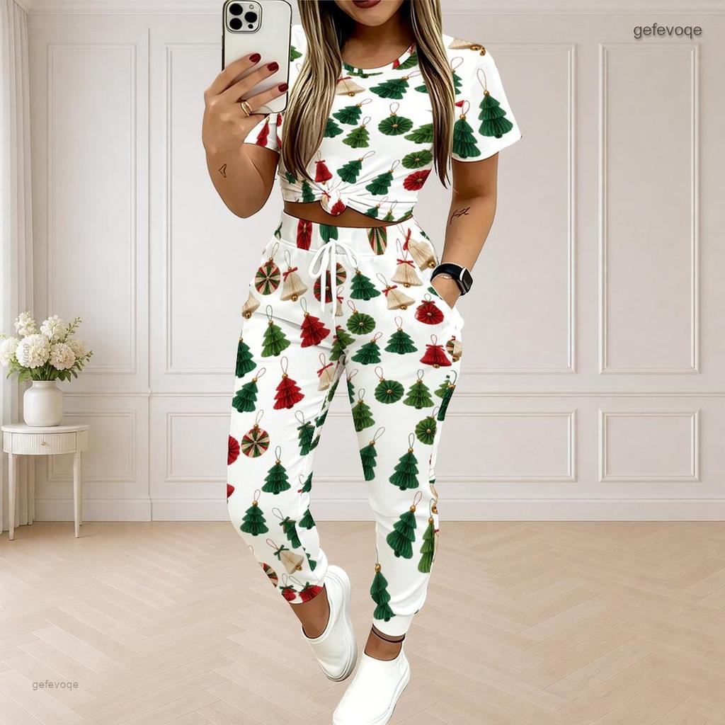Women Plus Size Two Piece Set Round Neck Short Sleeve Ghost Printed White Crop Top Drawstring Cuffed Pants