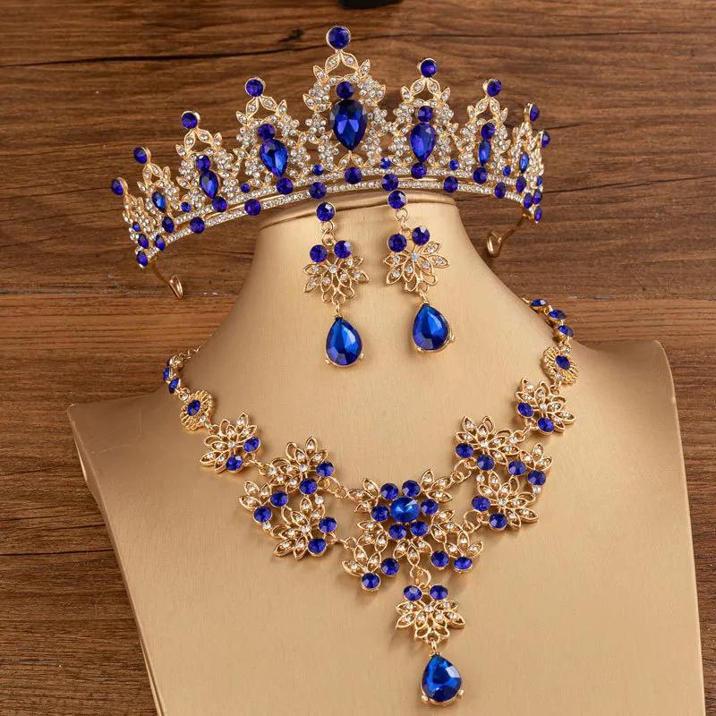 Fashion Crystal Tiaras Crowns Bride Wedding Jewelry Set Rhinestone Crown Necklace Earring For Women Accessories Diadem Headdress
