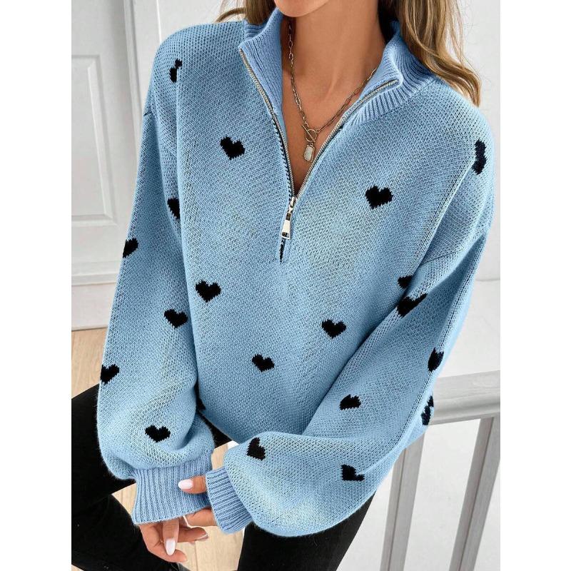 2026 Autumn Women's New European and American Knitted Long-sleeved Love Pattern Zipper Sweater