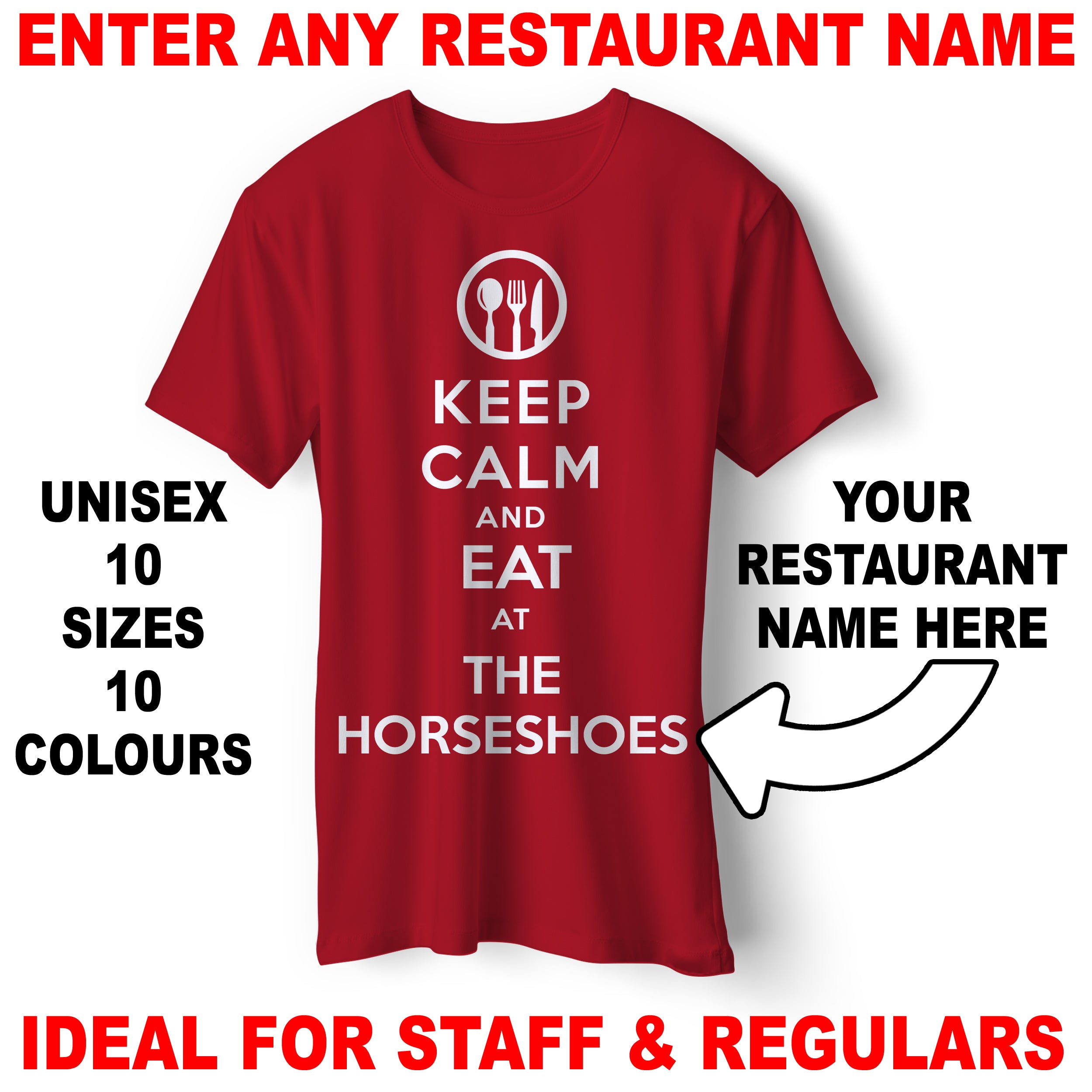 Personalised Keep Calm and Eat at Any Restaurant Unisex T-Shirt Womens Tops Tees 2XL