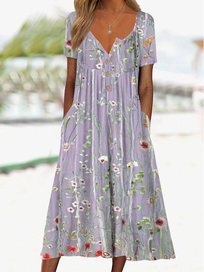 

2023 Summer Women s Floral Button Round Neck Mid-Length Straight Dress X-Large фиолетовый