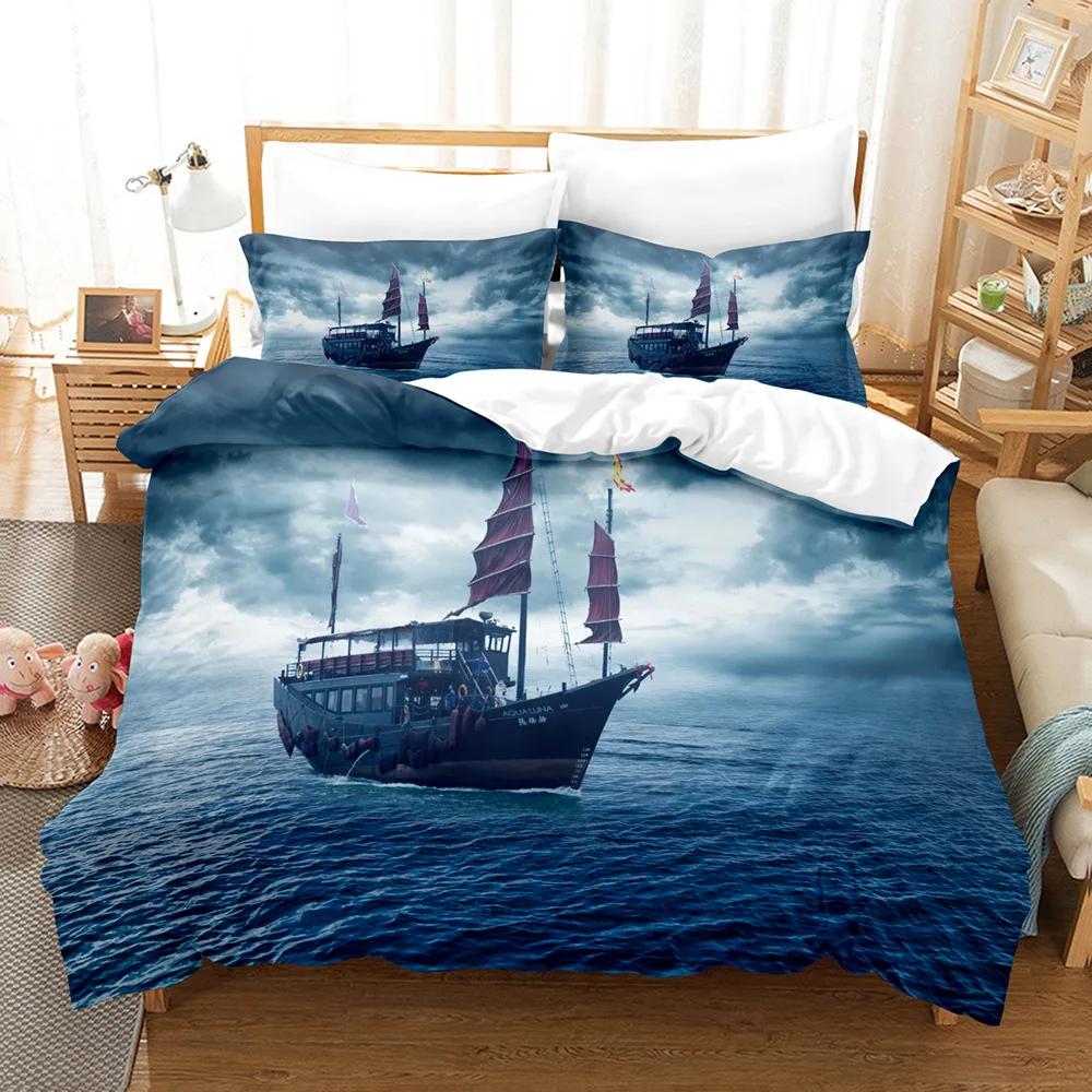 Vintage Sailboat Duvet Cover Nautical Ocean For Children Teen Adult Ship Fire Black Retro Style Polyester Quilt Cover Room Decor