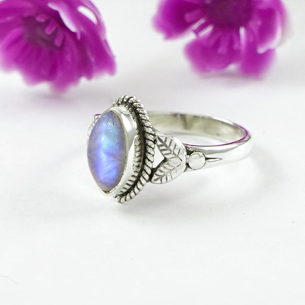 Marquise Regenbogenmondstein Ring: 925er Sterling Silber Handgefertigter Zarter Ring, Ring mit 2 Blättern Design