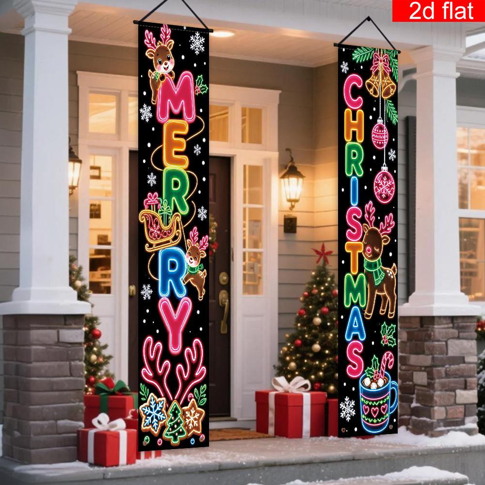 2D Flat, 2D Flat - 2D Flat Banner, 2pcs, Christmas Front Porch Sign Banner, Polyester, Cartoon Reindeer, Christmas Sleigh, Bell Pattern Design, Winter