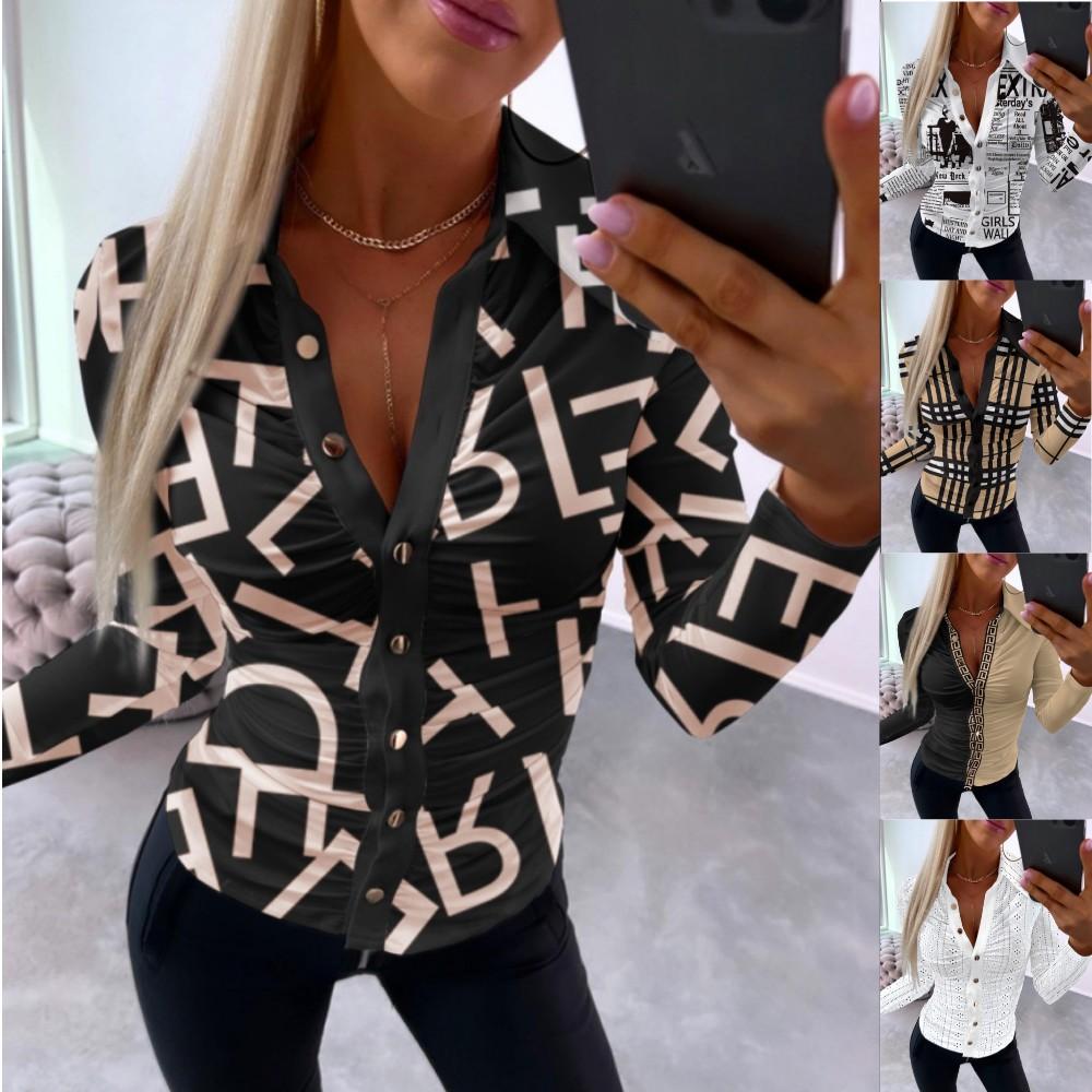 BITCED Women's Autumn Long Sleeve Simple Sexy V-Neck Printed Ladies Shirt Blouse