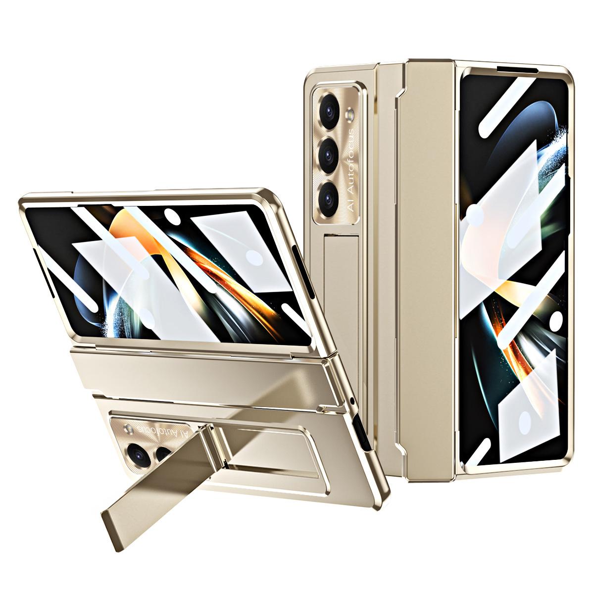 

For Samsung Galaxy Z Fold5 5G Kickstand Hard PC Case Protective Phone Cover with Lens Film and Tempered Glass Screen Film Gold