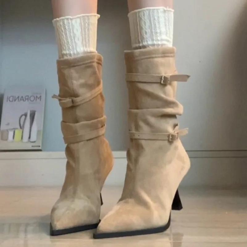Women's Autumn New Sexy Pointed Designer High Boots  Daily Versatile Skirt with A Slip-on Buckle Mid-calf Boots Large Size