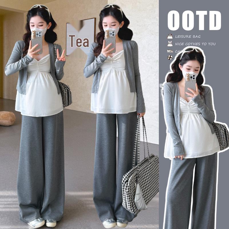 Maternity Spring Chic Camisole Cardigan & Wide-Leg Pants Set - French Elegant Style