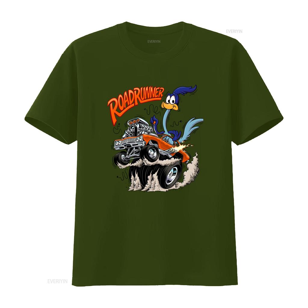 Road Runner Cartoon T Shirt Orange Hot Rod Car Design for Mens Fashion Vintage Washed Breathable Stylish Streetwear Fashion