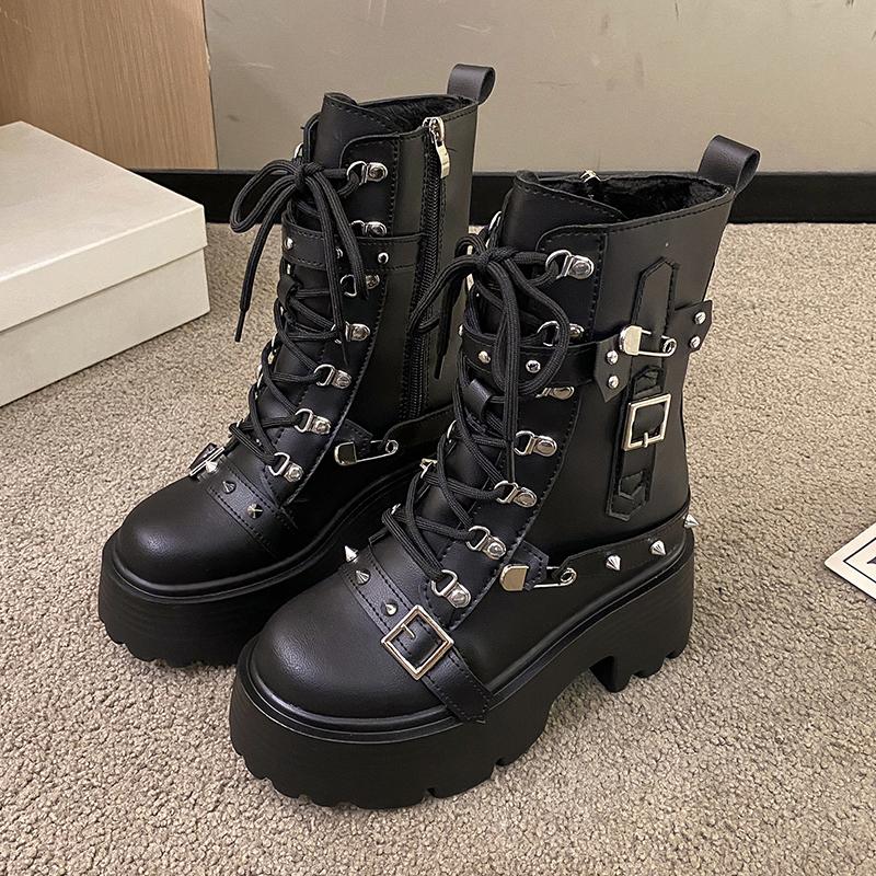 New Women Fur Ankle Boots Thick Sole Leather Combat Motorcycle Boot Autumn Winter Warm Plush High Platform Snow Shoes Woman 10CM