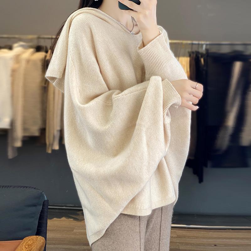 Women's 100% Wool V-Neck Batwing Sleeve Sweater, Versatile Knitted Top for Autumn & Winter
