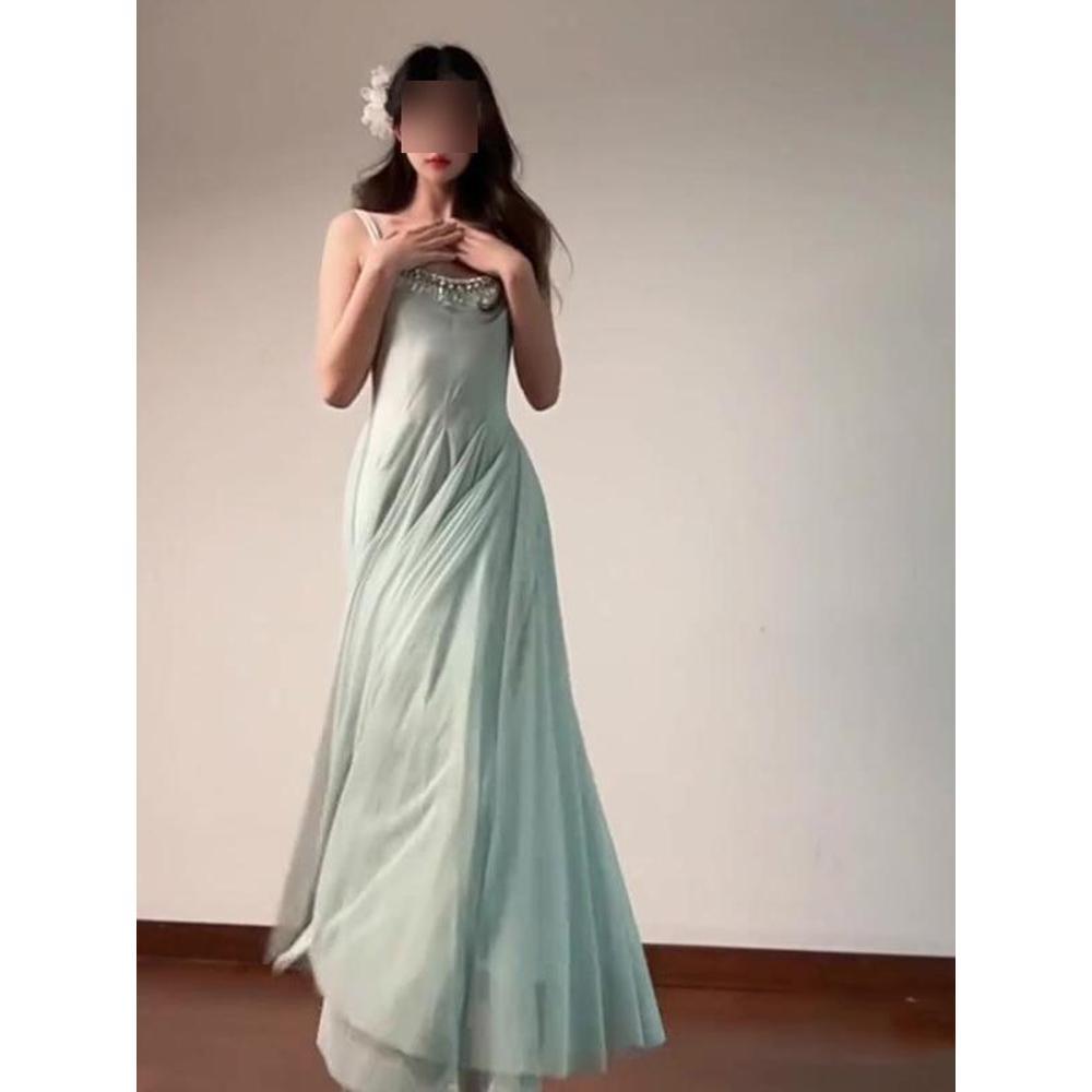 Crystal Diamond Chain Mesh Suspender Dress Women's Summer Beautiful Long Dress Waist Vacation Fairy Skirt