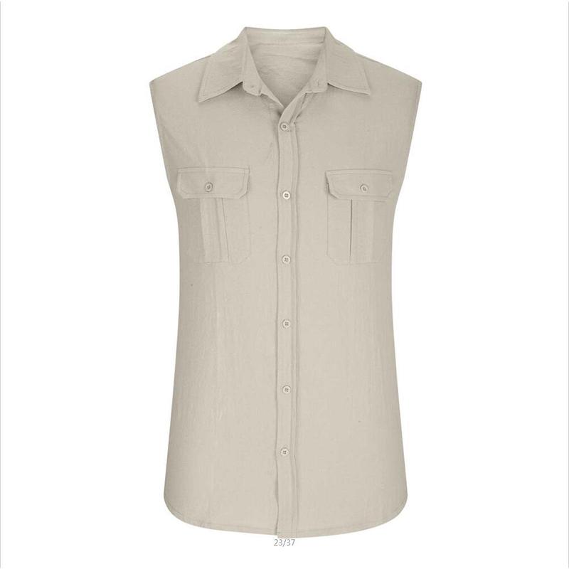 Pánská košile bavlněná košile bez rukávů s dvojitou kapsou Pohodlné a prodyšné pánské tílko