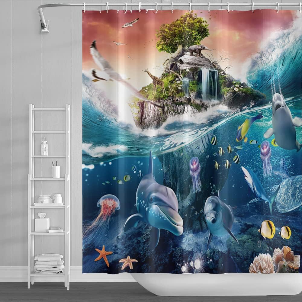 

Marine Animal Tropical Fish Seahorse Shower Curtain Blue Ocean Children S Bathtub Shower Curtain Polyester Fabric With Hook W60H190(CM)-1 Pcs